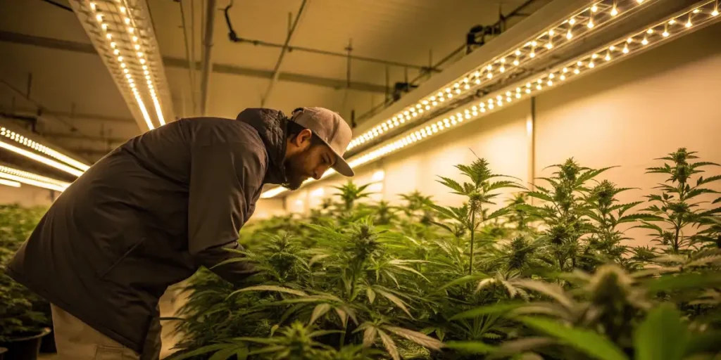 Cannabis grower inspecting plants in a well-lit indoor cultivation room.