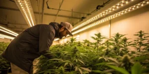 Cannabis grower inspecting plants in a well-lit indoor cultivation room.
