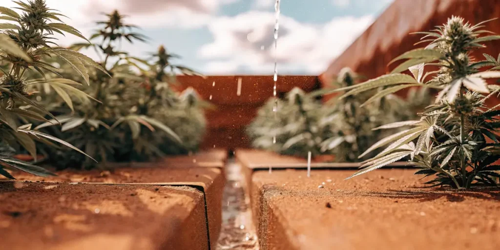 Water dripping into a trench between rows of cannabis plants in an outdoor garden.