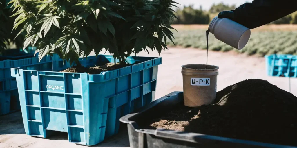 Gloved hand pouring dark liquid fertilizer into a cup labeled "W-P-K" near potted cannabis plants.