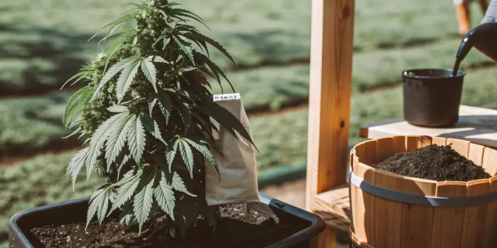 A cannabis plant in a black pot, with a hand pouring liquid into a dark cup near a wooden barrel.