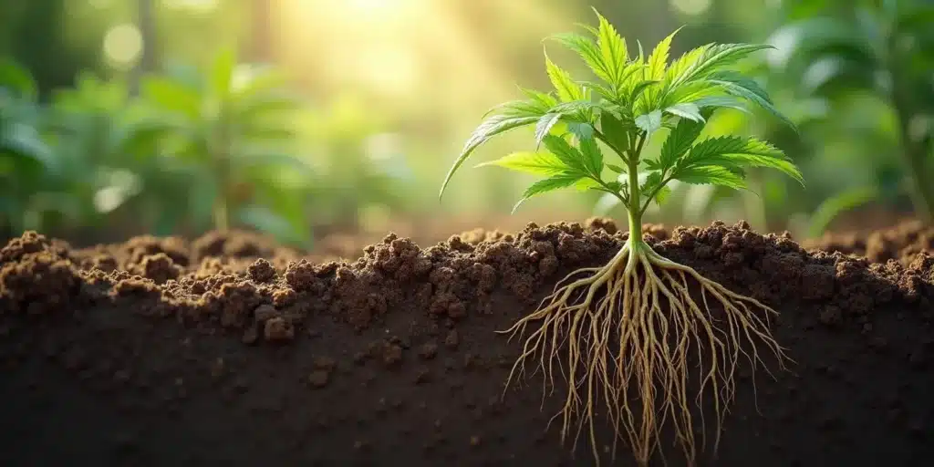 Healthy cannabis roots free from root nematodes infestation in nutrient-rich soil.