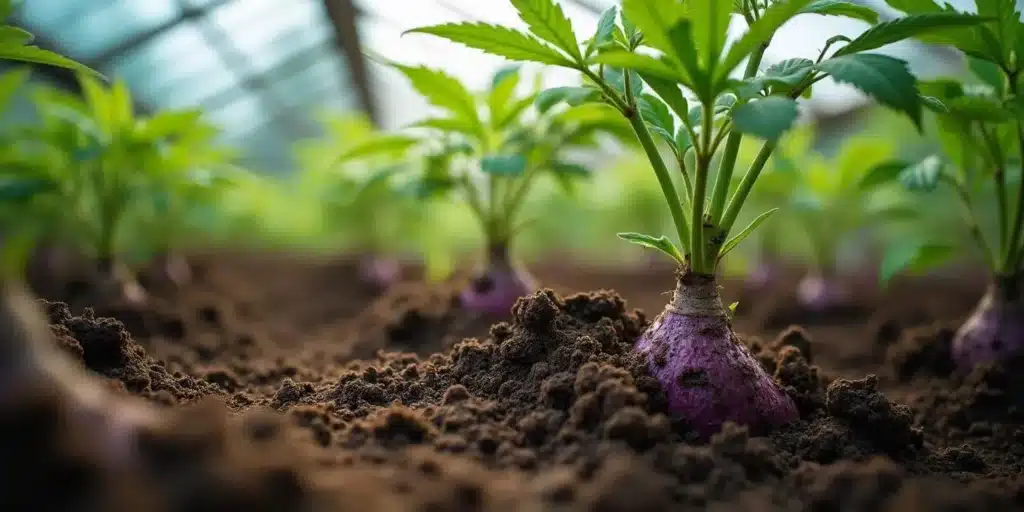 Cannabis root stalks turning purple and swelling in soil, visible pigmentation under greenhouse light.