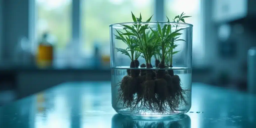 Cannabis root stalks black signs observed in hydroponic setup with roots submerged in laboratory conditions.