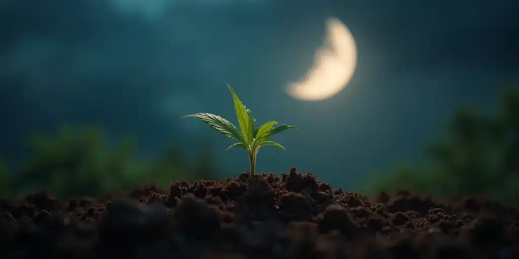 Young cannabis seedling sprouting under a night sky with a visible moon phase.