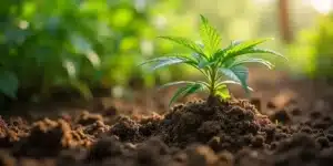 Cannabis root for pain treatment, young plant rooted in nutrient-rich garden soil.