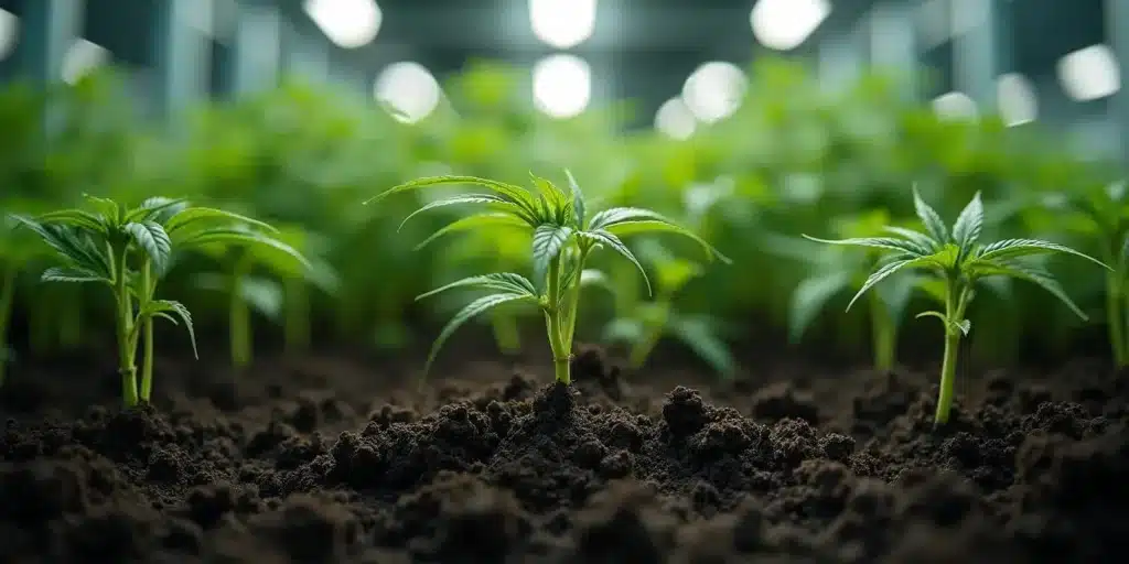 Cannabis root stalks black symptom in young seedlings under artificial lights, early discoloration visible.