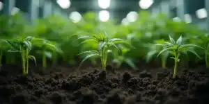 Cannabis root stalks black symptom in young seedlings under artificial lights, early discoloration visible.
