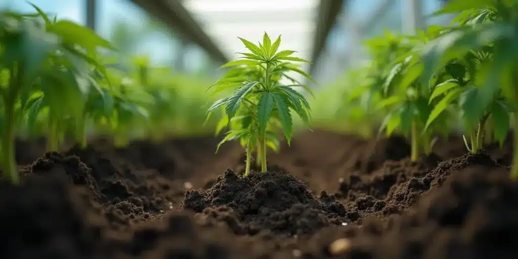 Cannabis root stalks black developing in greenhouse rows, seedlings at risk of root disease.