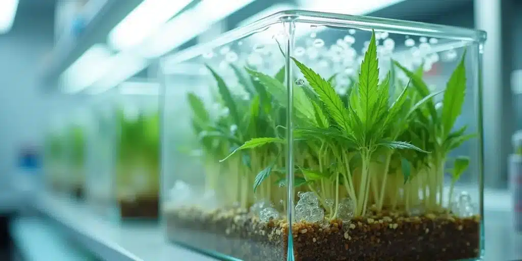 Cannabis root growth lentil experiment in transparent container, showcasing healthy seedling roots.