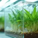 Cannabis root growth lentil experiment in transparent container, showcasing healthy seedling roots.