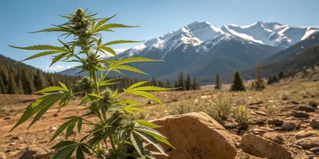 Cannabis plant growing in the Colorado wilderness with snow-capped mountains in the background.
