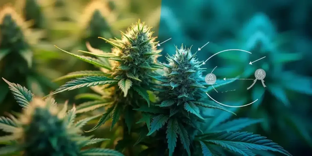 A flowering cannabis plant with dense buds and vibrant green leaves in a sunlit marijuana field.