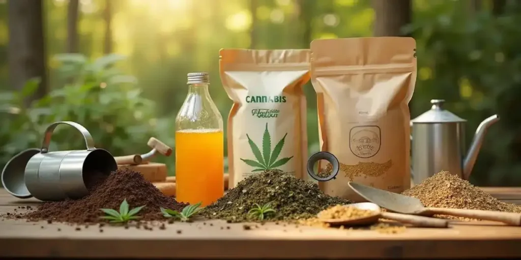 Organic fertilizers, nutrients, and supplements for healthy cannabis plant cultivation outdoors.