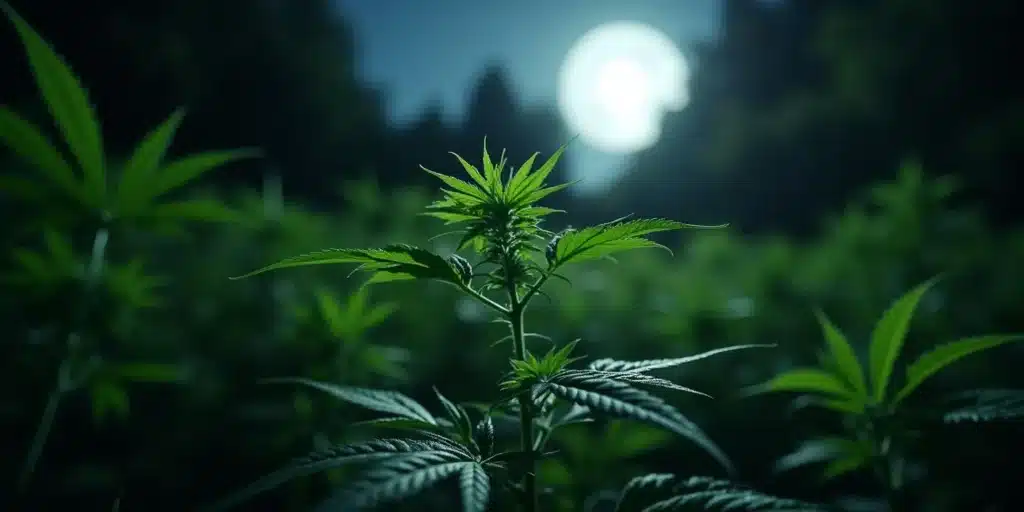 Cannabis plant growing under a bright full moon, highlighting lunar phase influence.