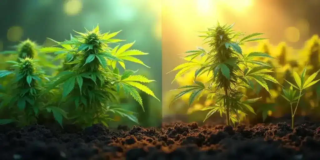 Cannabis plants growing outdoors at different development stages after one month.