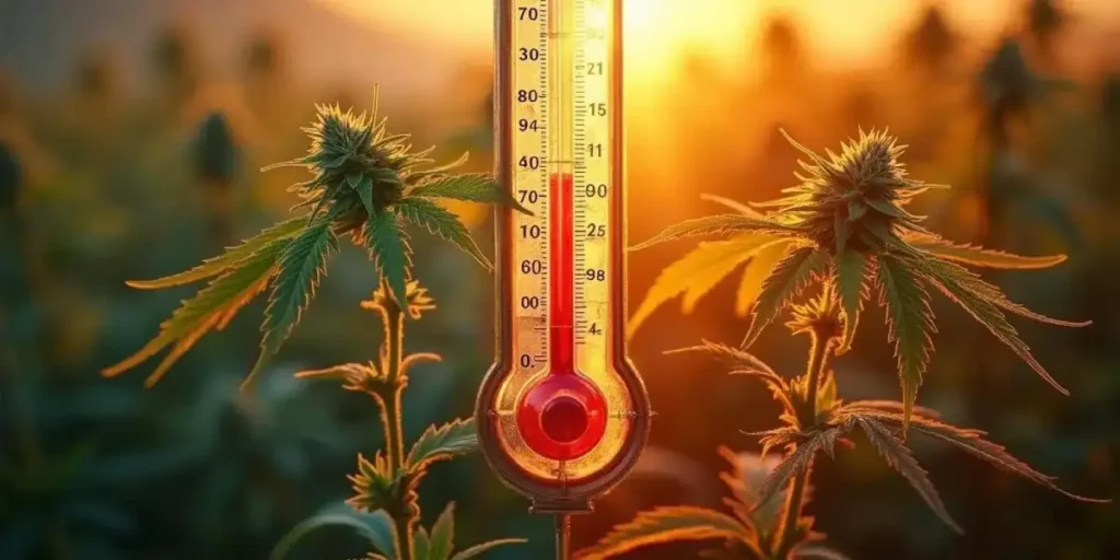 Cannabis plants under intense sunset light with a thermometer showing high temperature in a California field.