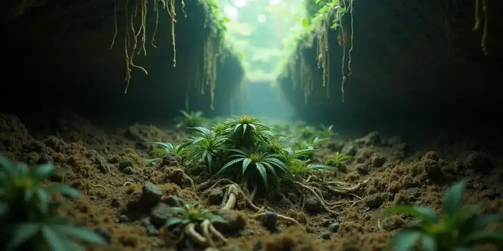 Cannabis roots deep or wide in natural underground habitat.
