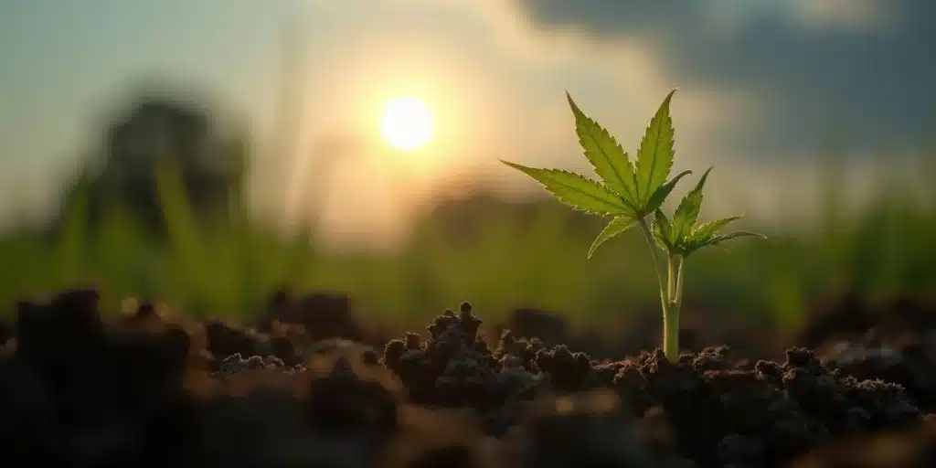 Cannabis seedling emerging during sunrise, influenced by moon phases for optimal germination.