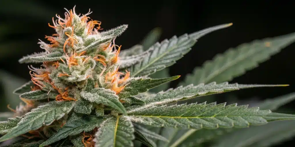 Close-up of flowering Carmen × Durban Poison cannabis bud with orange pistils.