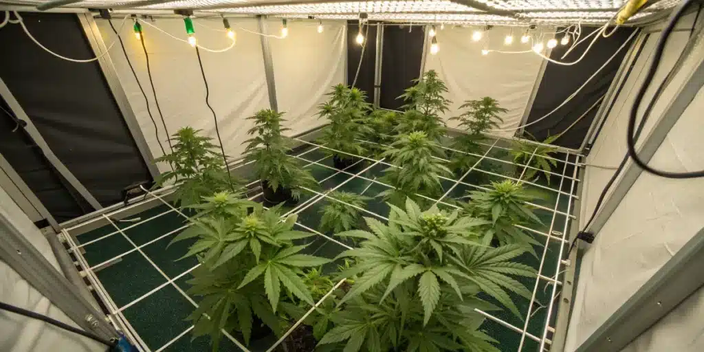 Indoor cultivation of Carmen × Durban Poison strain under controlled lighting.