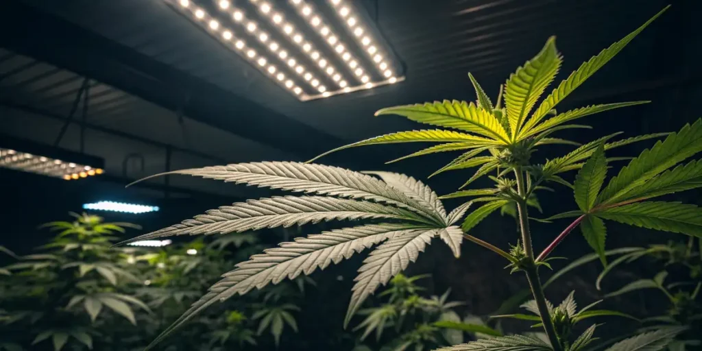 Close-up of a cannabis leaf under LED grow lights in a cultivation space.