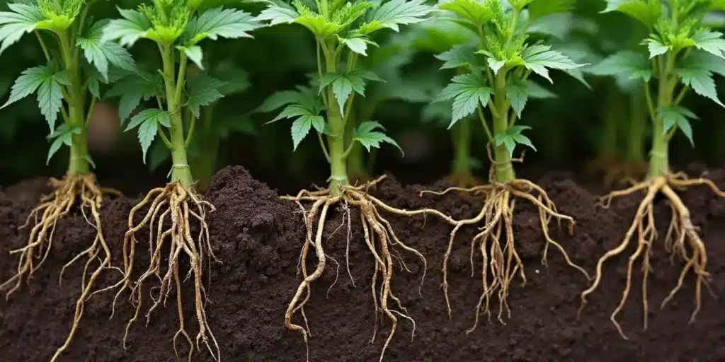 Cold water effect on cannabis roots exposed in rich soil.