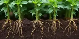 Cold water effect on cannabis roots exposed in rich soil.