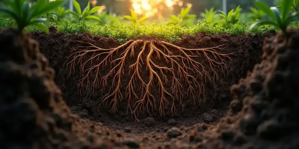 Rhizomes roots cannabis illustrated in an underground cross-section for optimal nutrient flow.