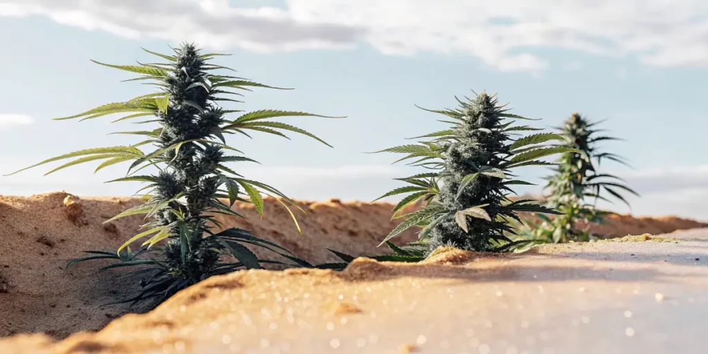 Two cannabis plants with dense buds growing in sandy soil, with more plants in the distance under a cloudy sky.