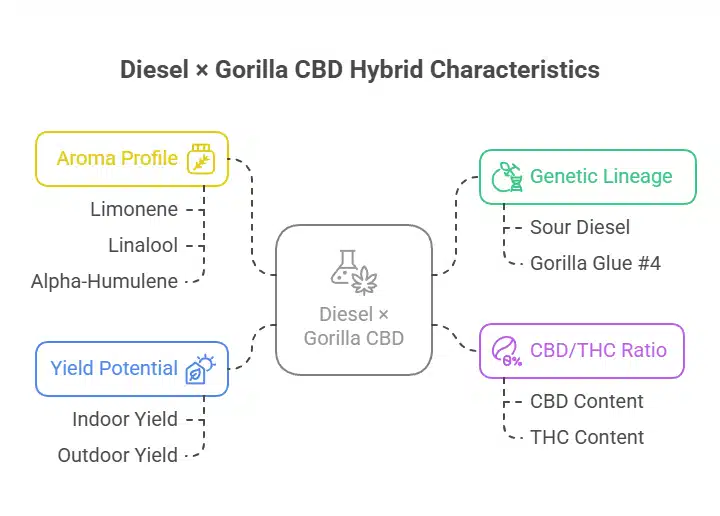Infographic showing Diesel × Gorilla CBD Strain traits, including aroma profile, genetics, and cannabinoid ratio
