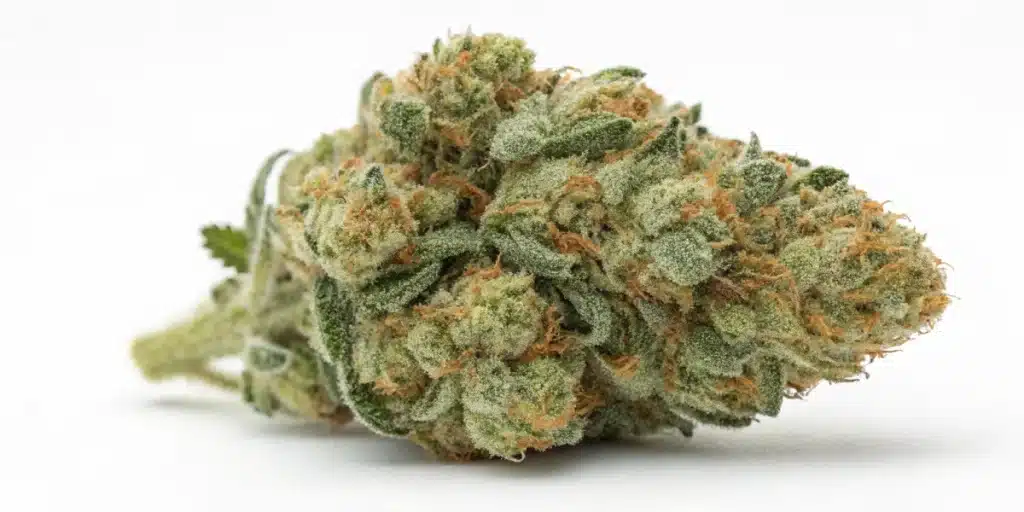 Dense Diesel × Gorilla CBD Strain nug covered in frosty trichomes and orange hairs against white background