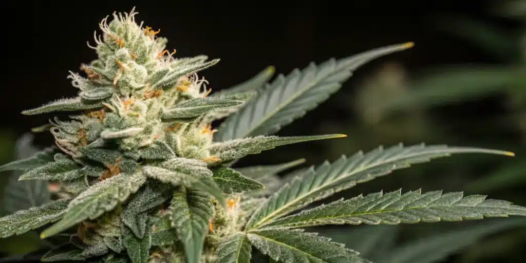 Diesel × Gorilla CBD Strain plant growing outdoors with thick buds and frosty leaves under natural light