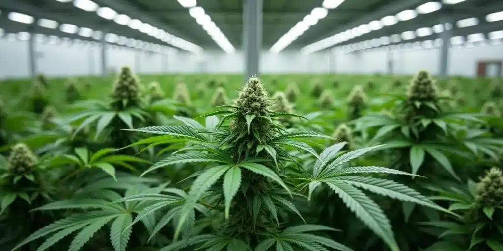 Close-up of polyploid cannabis plant cultivated under controlled indoor conditions.