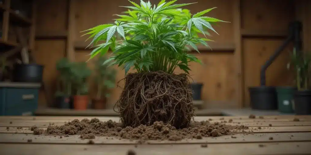 Cannabis plant root bound symptoms with tangled roots exposed on wooden table indoors.