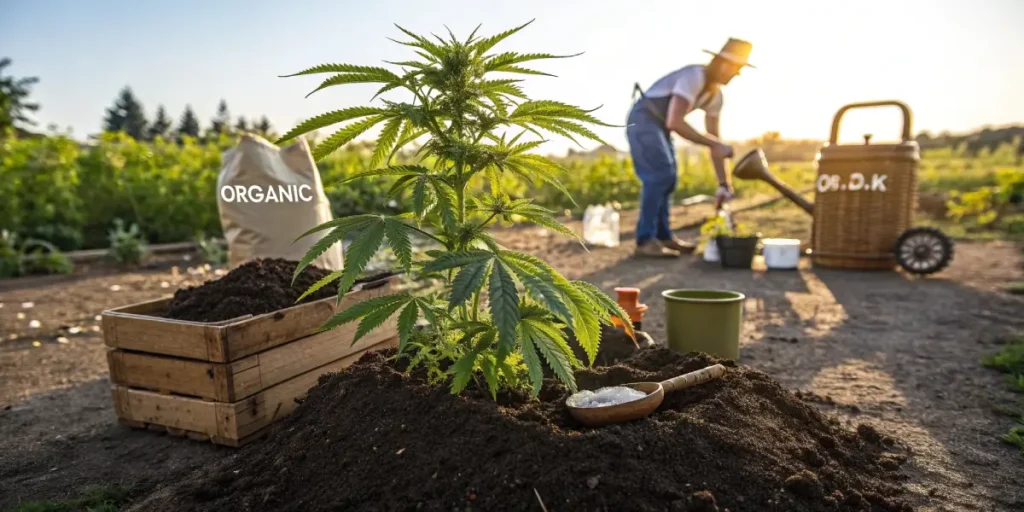 Gardener watering a cannabis plant in a field, with soil mound, wooden crate, and "organic" bag.