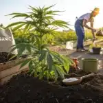 Gardener watering a cannabis plant in a field, with soil mound, wooden crate, and "organic" bag.