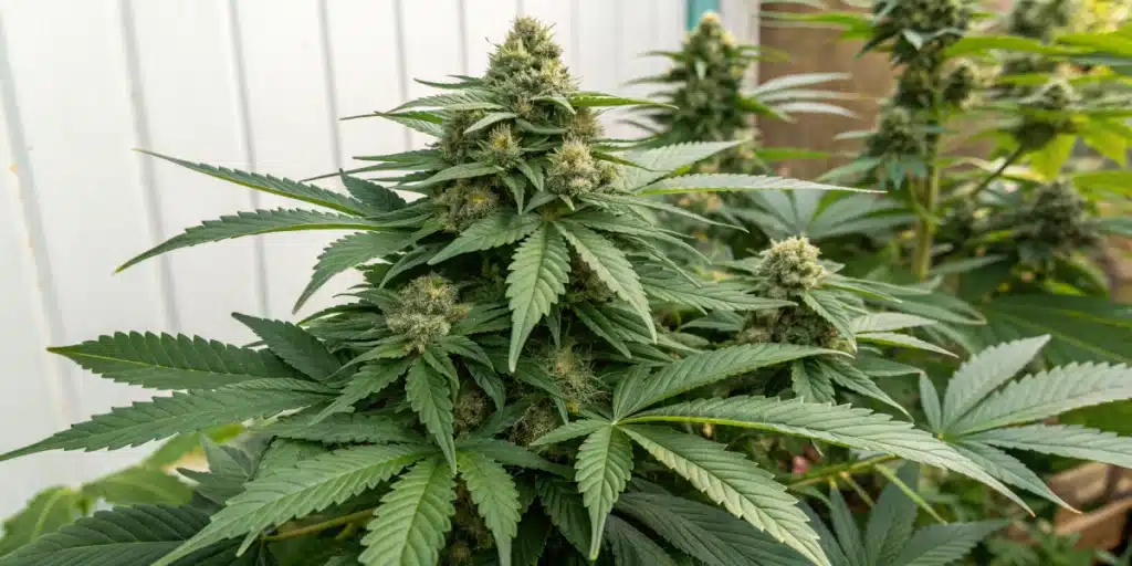 Grape Pie CBD Strain plant outdoors with thick, frosty buds and broad leaves near a white wall