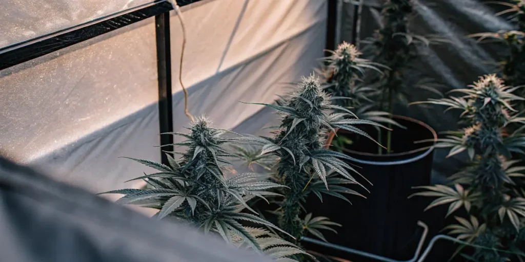 Hyper-realistic, ultra-detailed image of dense cannabis buds with dark leaves under diffused light in a greenhouse.