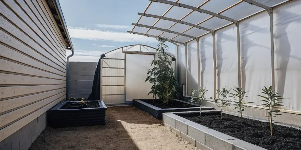 Hyper-realistic outdoor cannabis garden with a greenhouse structure, young plants in raised beds, and a building on the left.