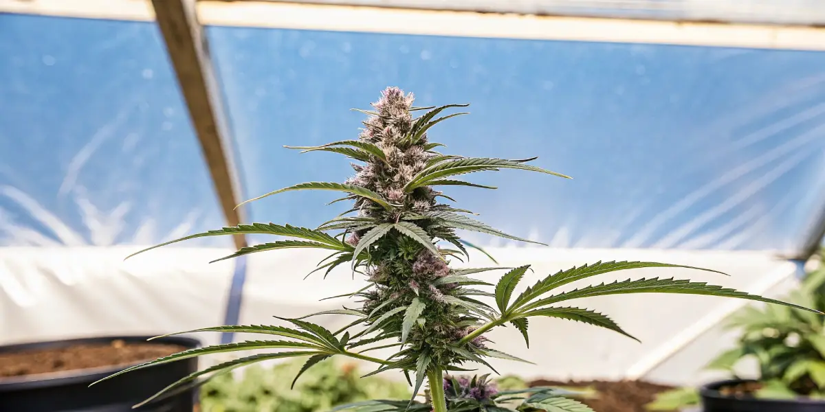 Mature cannabis plant with purple-tinged buds under a clear blue greenhouse sky.