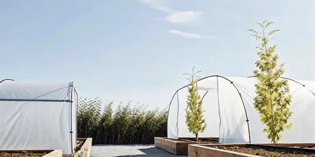 Hyper-realistic outdoor cannabis garden featuring white greenhouse tunnels with wooden raised beds and young trees under a clear blue sky.