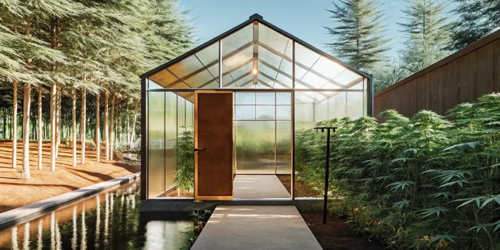 Hyper-realistic scene of a modern glass greenhouse with an open door, next to a reflective water channel and tall trees.