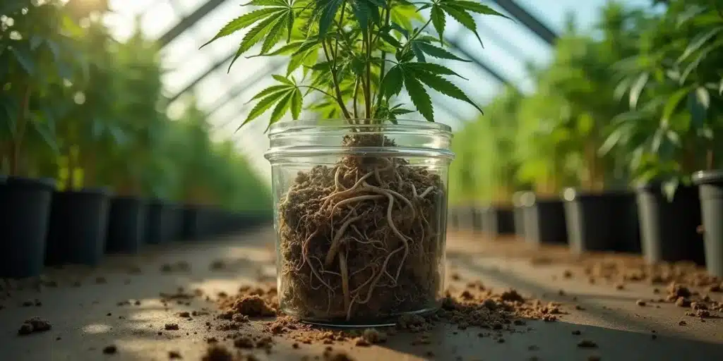 Cannabis plant root bound symptoms in glass jar inside greenhouse, roots tightly coiled.