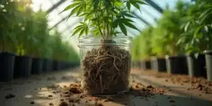Cannabis plant root bound symptoms in glass jar inside greenhouse, roots tightly coiled.