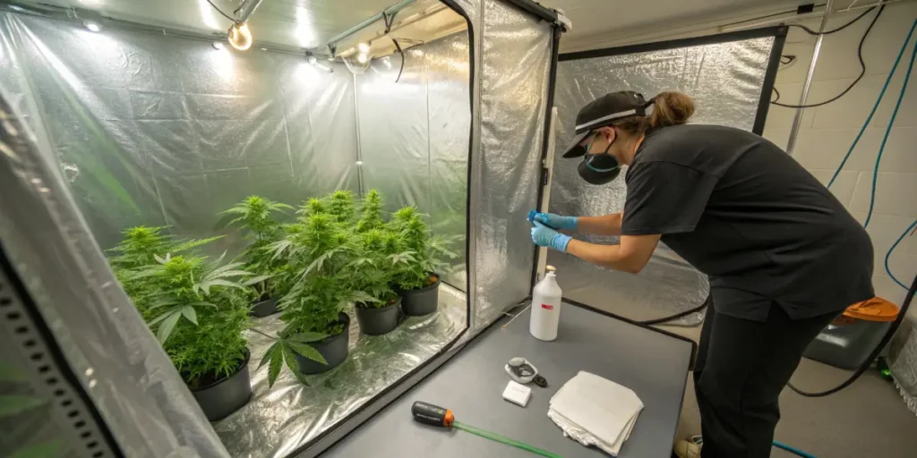 Person in mask and gloves tending to cannabis plants in a grow tent, with cleaning supplies.