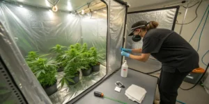 Person in mask and gloves tending to cannabis plants in a grow tent, with cleaning supplies.