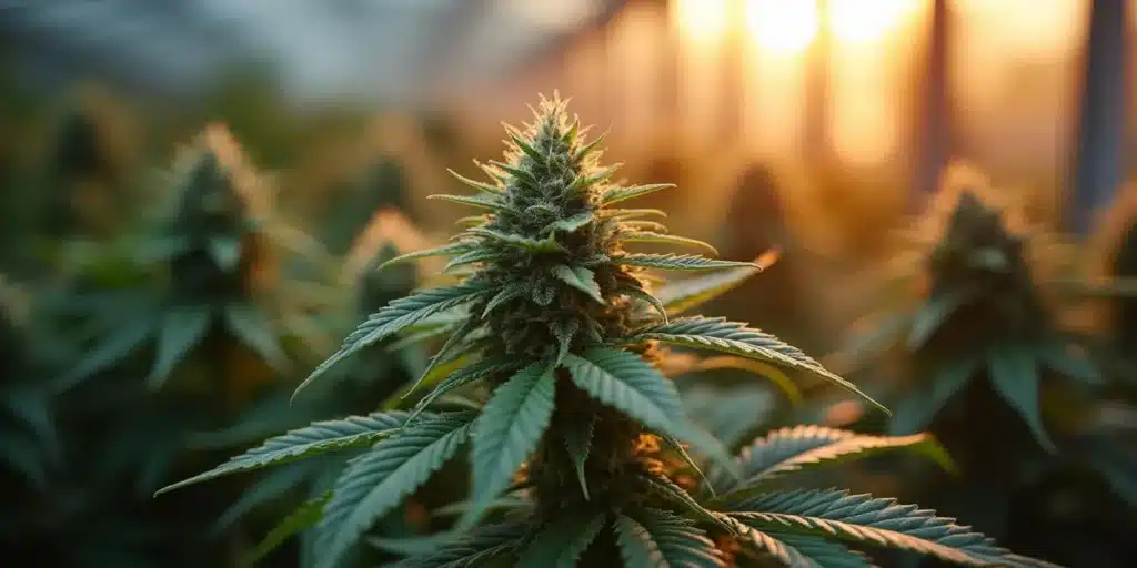 Cannabis plant with dense buds cultivated using polyploidy genetics in a modern greenhouse.