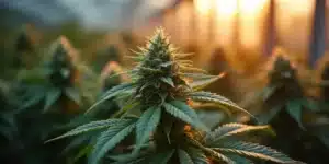 Cannabis plant with dense buds cultivated using polyploidy genetics in a modern greenhouse.