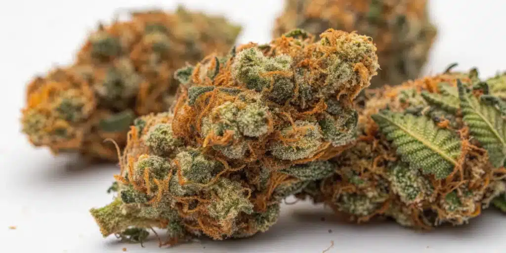 Close-up of Alien Technology FV Strain buds with dense trichomes and vibrant orange pistils on white background.